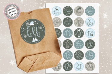 24 Stück zuckersüße Adventskalenderaufkleber Sticker winterliche Farben Weihnachten  /4cm rund mit-oder ohne 24 Beutelchen aus Kraftpapier - von Lüttentüddel